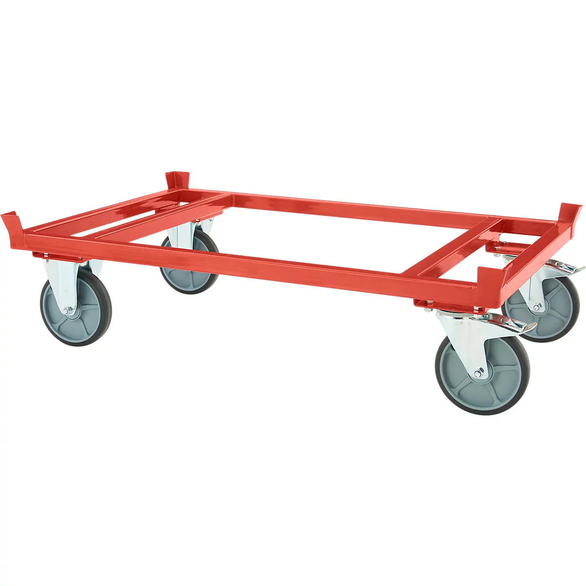 Chariot de transport rectangulaire rouge en métal avec quatre roues grises sur fond blanc.