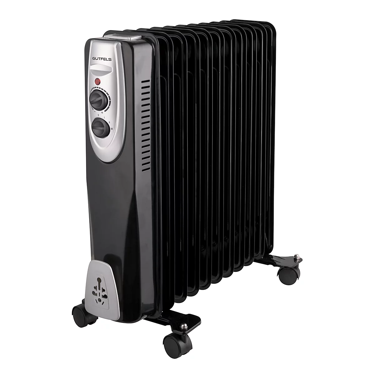 Chauffage Gutfels HR 32011 sw, 800/1200/2000 W, 3 niveaux, 11 ailettes, poignée de transport, thermostat, roulettes de transport, L 490 x P 230 x H 540 mm, noir