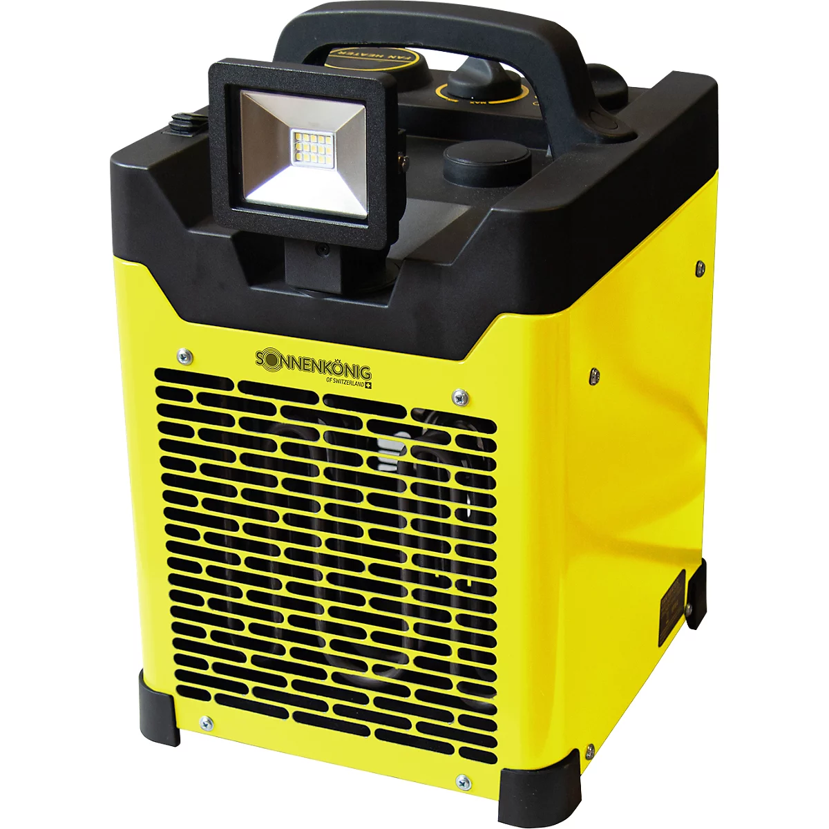 Projecteur de chantier jaune avec éclairage LED et poignée noire, portant l'inscription "Sonnenkönig".