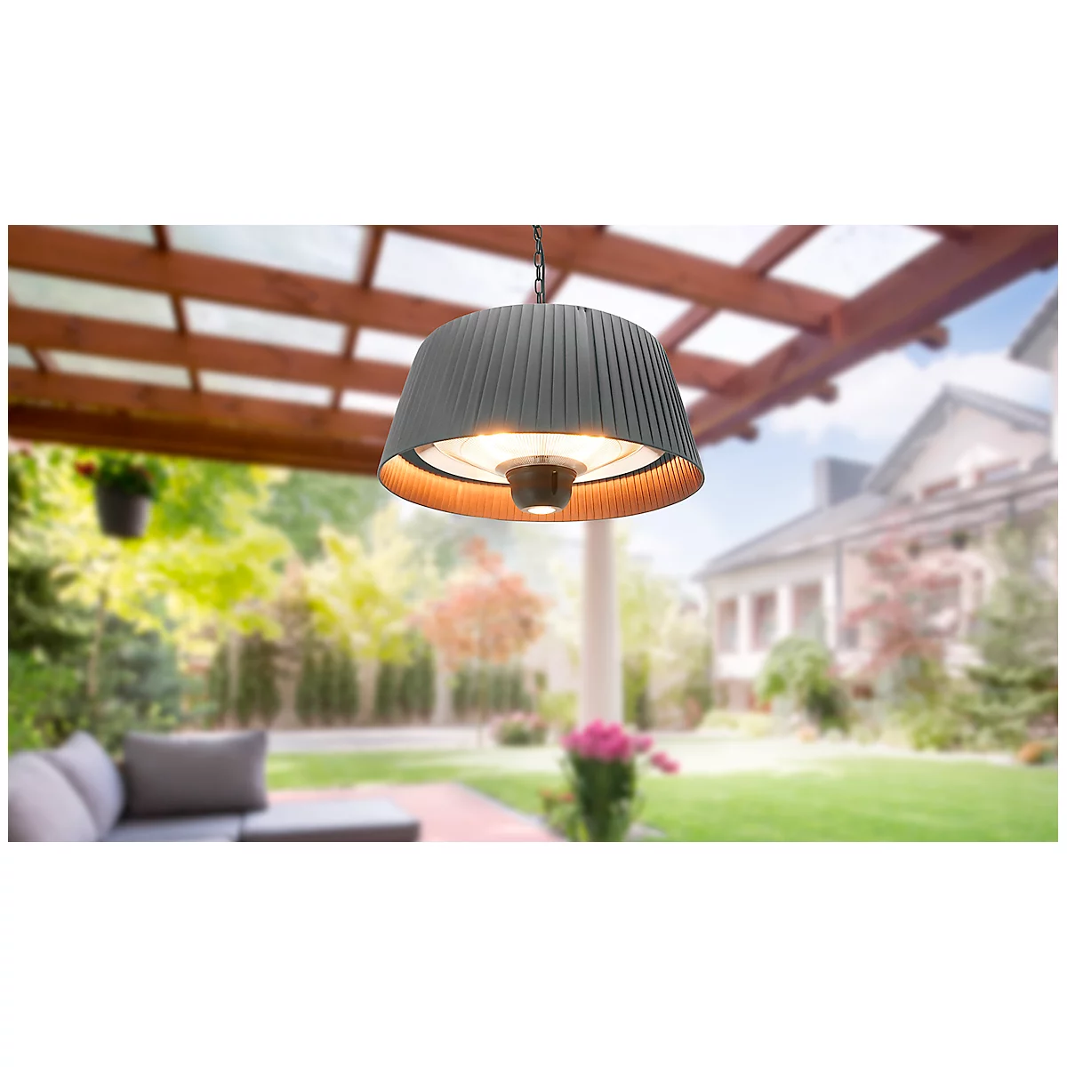 Chauffage infrarouge Fiamma, pour montage au plafond à l'extérieur, 1800 W, IP24, éclairage LED &amp; télécommande, L 600 x P 600 x H 300 mm, noir