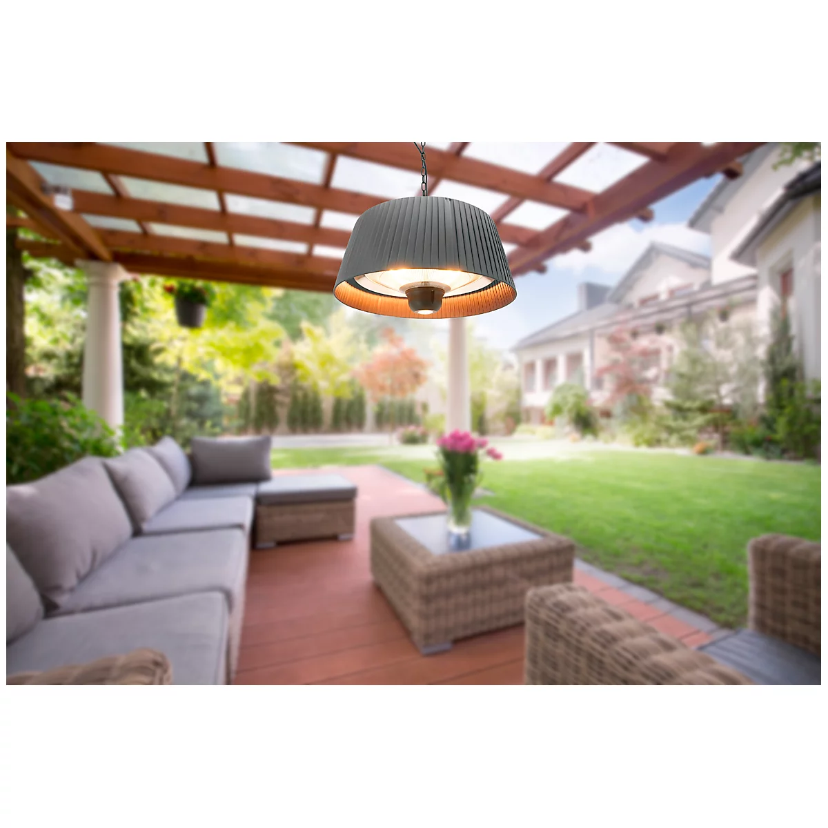 Chauffage infrarouge Fiamma, pour montage au plafond à l'extérieur, 1800 W, IP24, éclairage LED &amp; télécommande, L 600 x P 600 x H 300 mm, noir