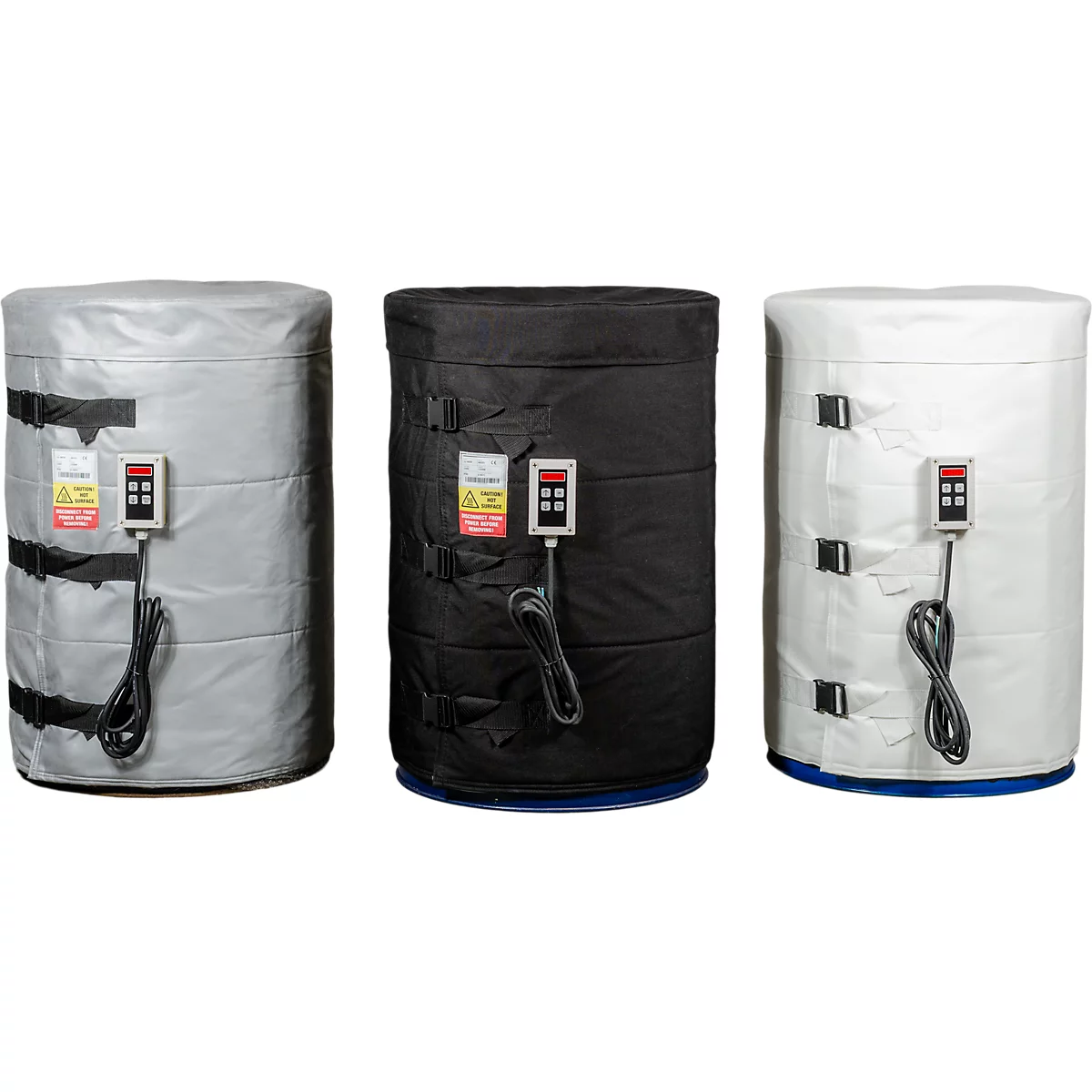 Trois conteneurs cylindriques en gris, noir et blanc. Chacun a un panneau de commande et des sangles attachées.