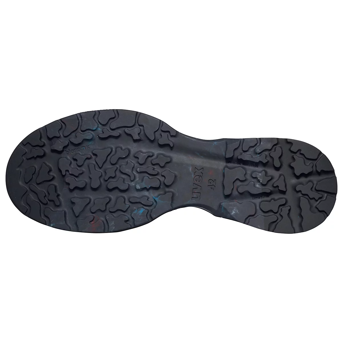 Semelle de chaussure noire avec motif de bande de roulement. Marque Uvex, taille 42. Éclaboussures de peinture sur la semelle.