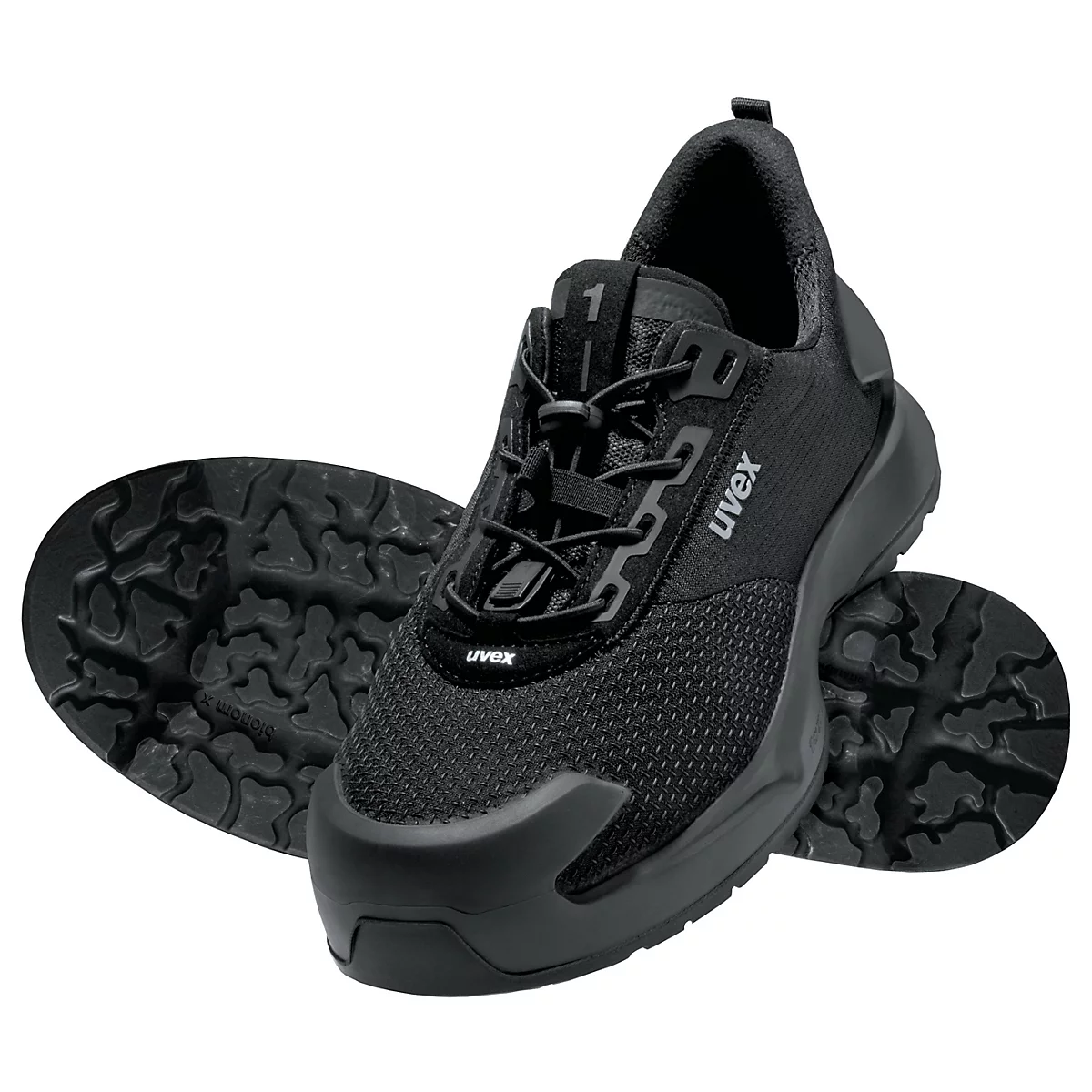 Chaussure de sécurité noire Uvex; lacets, semelle et embout visibles.