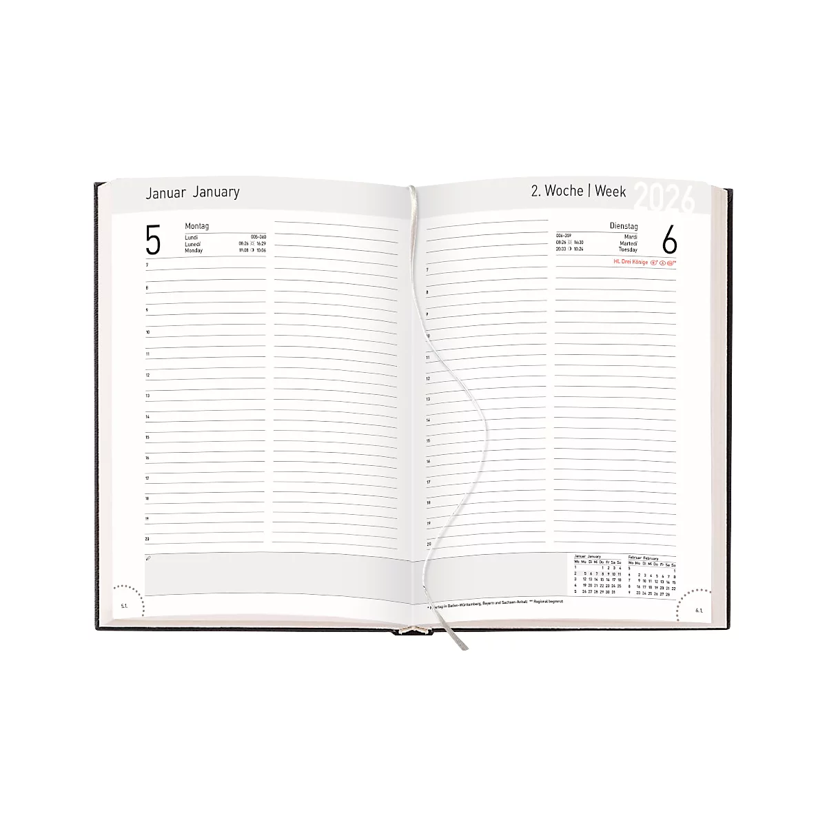 Chef calendrier Korsch 2026, A5, 352 pages, vue d'ensemble des jours, calendrier pour D/GB/F/I, samedi/dimanche sur 1 page, L 145 x H 205 mm, carton naturel, noir
