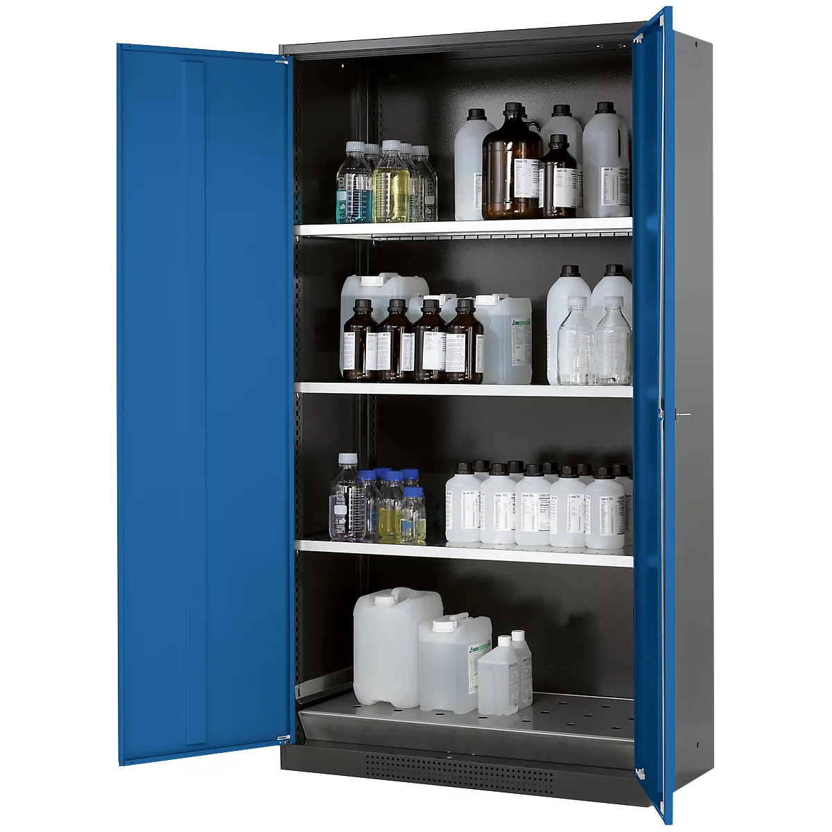 Open blue steel cabinet with shelves filled with bottles and canisters.