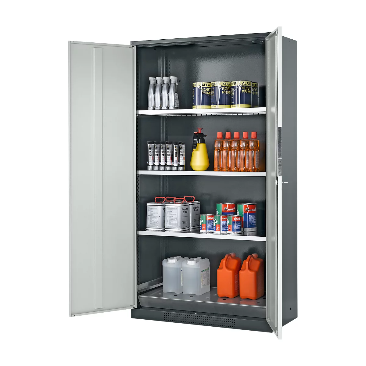 Gray steel cabinet with open doors. Interior shelves with various bottles, canisters, and spray cans.