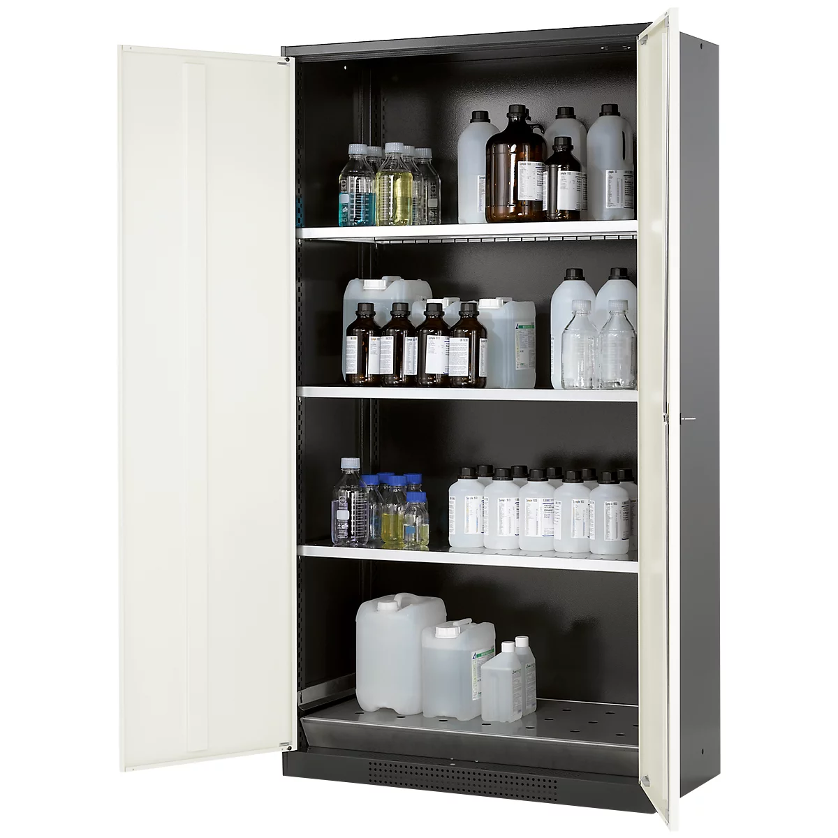 An open grey cabinet with shelves and containers of chemicals.