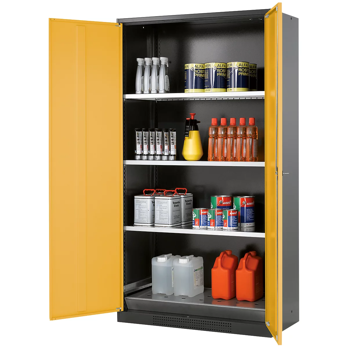 Cabinet with yellow doors, filled with various chemicals and containers.