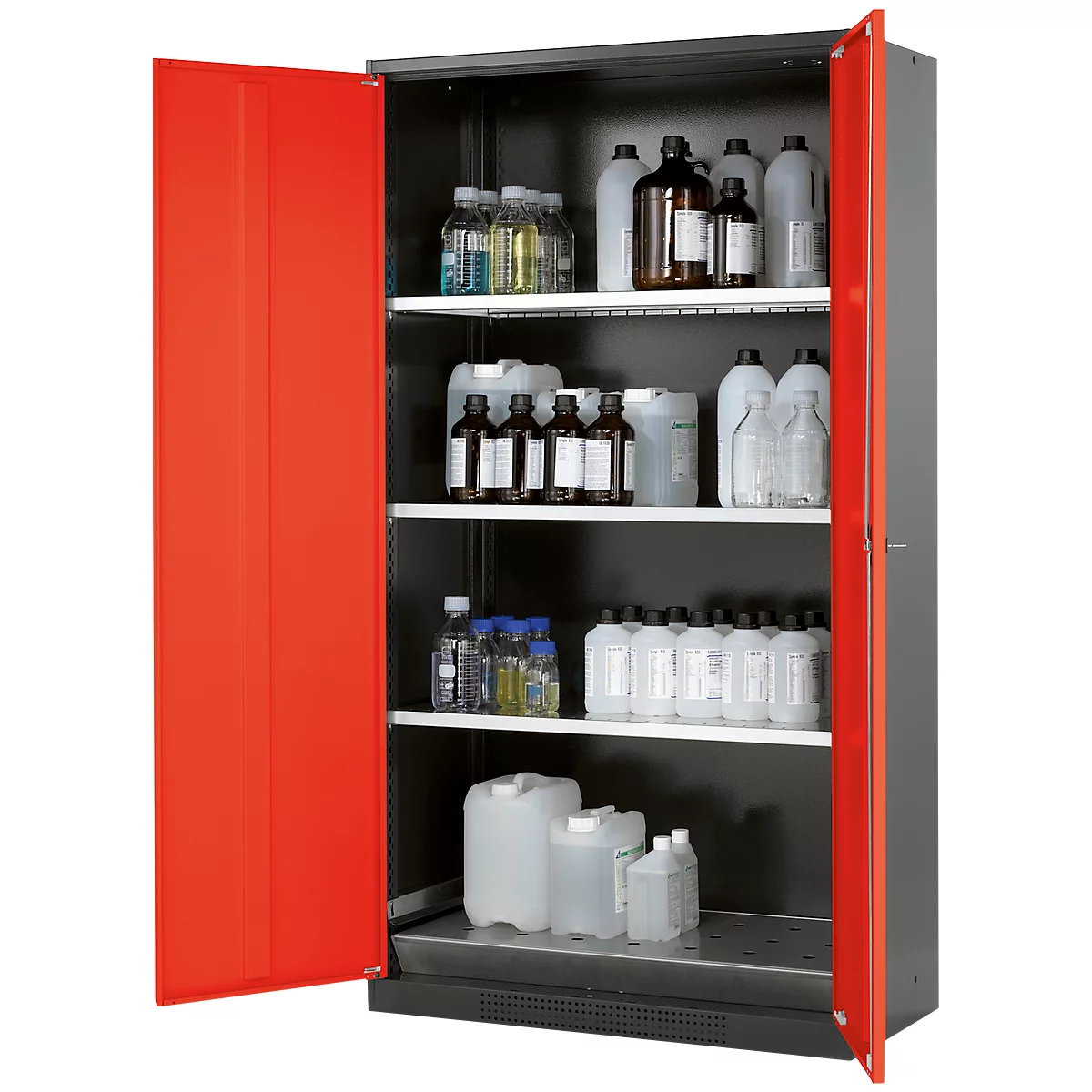 An open red cabinet with various chemical bottles and containers. Shelves are filled.
