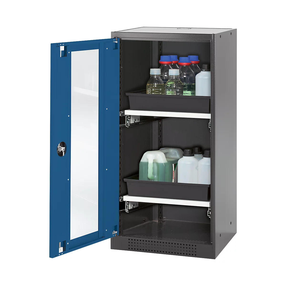 Blue-gray cabinet with open door. Inside, bottles and containers on black trays.