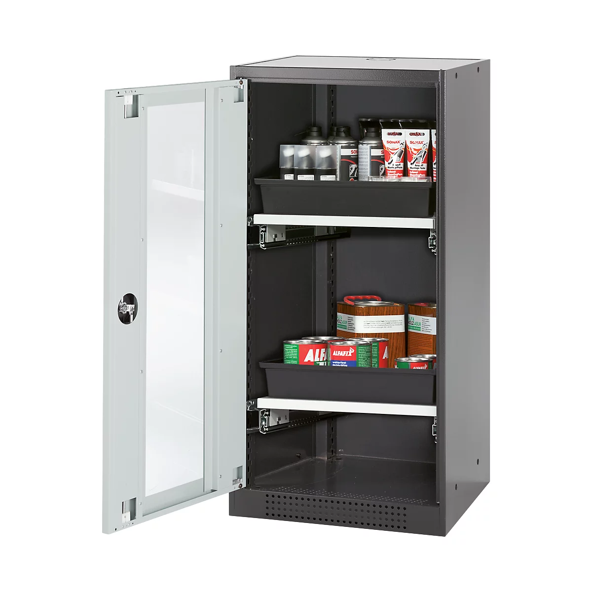 An open grey cabinet with shelves filled with containers and cans. The door has a glass front.