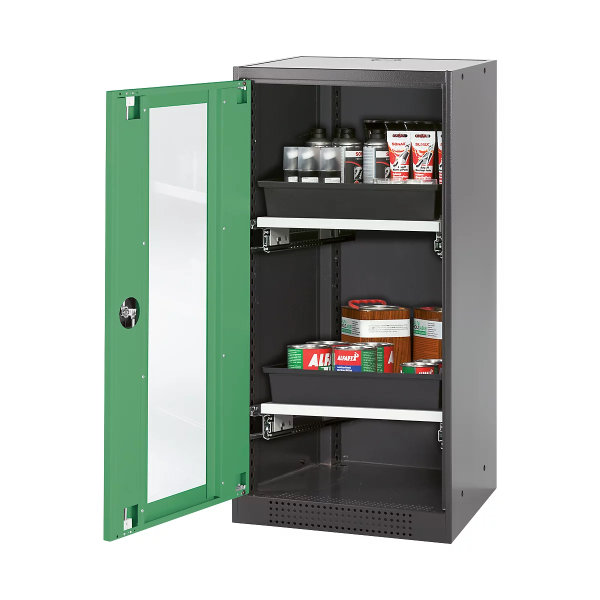 Open grey tool cabinet with green door. Various containers and liquids are stored inside the cabinet.