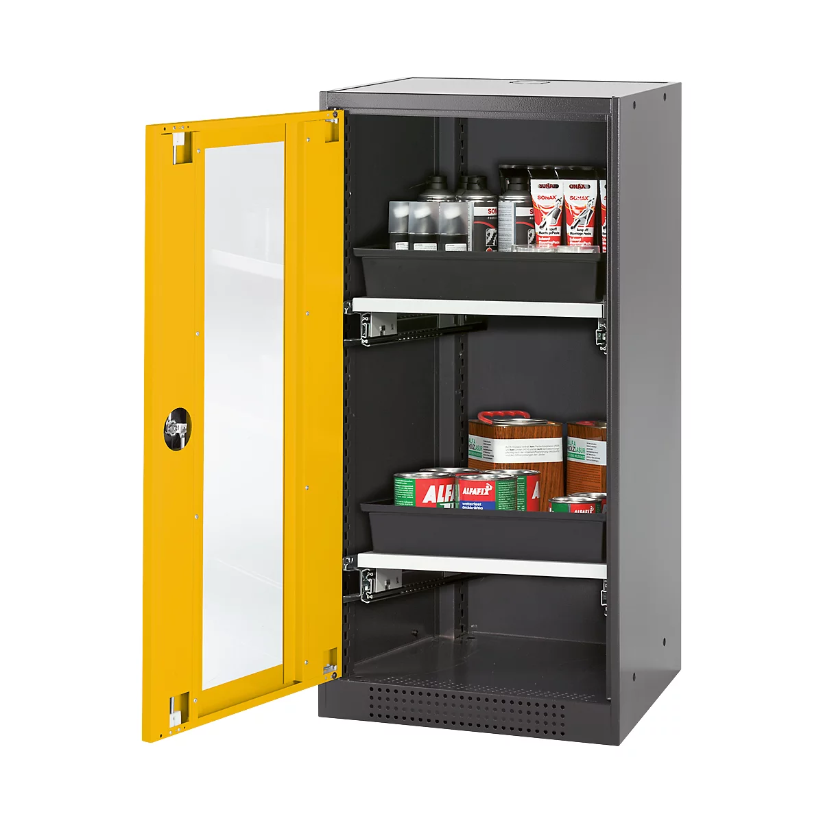 An open yellow cabinet filled with chemicals. The door has a window, the cabinet has black drawers.