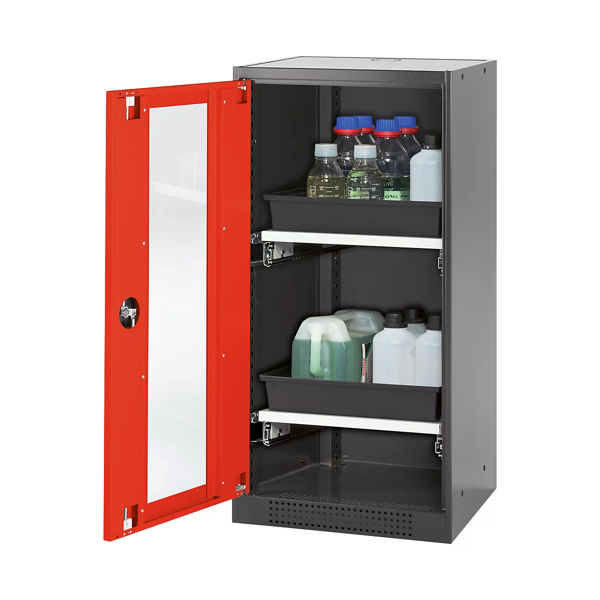 Cabinet with red door, opened. Inside: bottles and containers on black shelves.