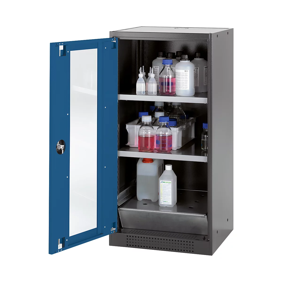 A blue laboratory cabinet with ajar door, filled with bottles and containers.