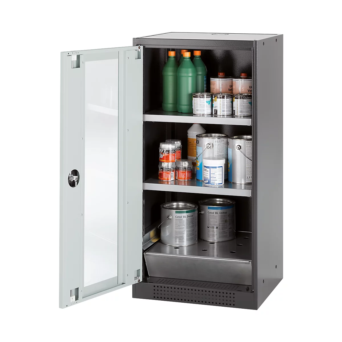 Open cabinet with various containers, paints, and liquids. Cans, bottles, and paint buckets are visible on the shelves.