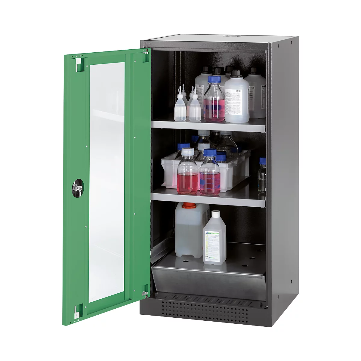 Cabinet with chemicals in a lab. Green door, open door, several bottles and containers on the shelves.