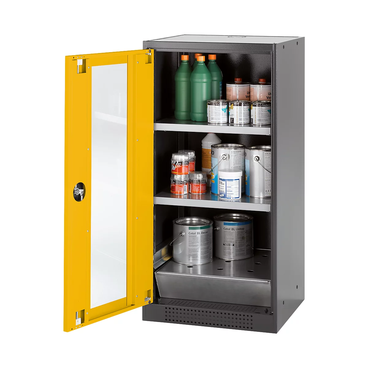 Open yellow safety cabinet with various chemicals and containers, provided for safe storage.