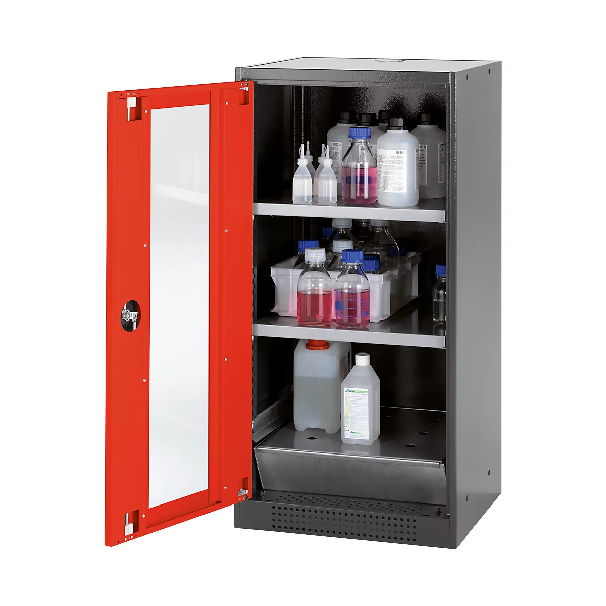 Cabinet with red door, open, showing bottles and containers filled with liquids.
