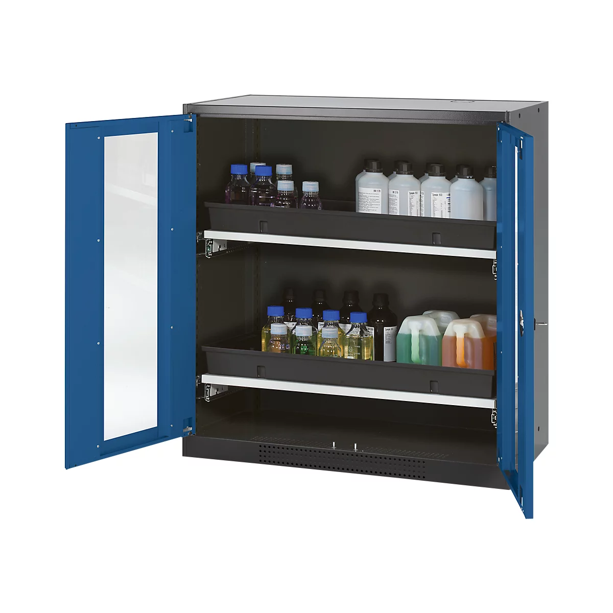 A steel cabinet with open blue door filled with bottles and containers is used in a laboratory.
