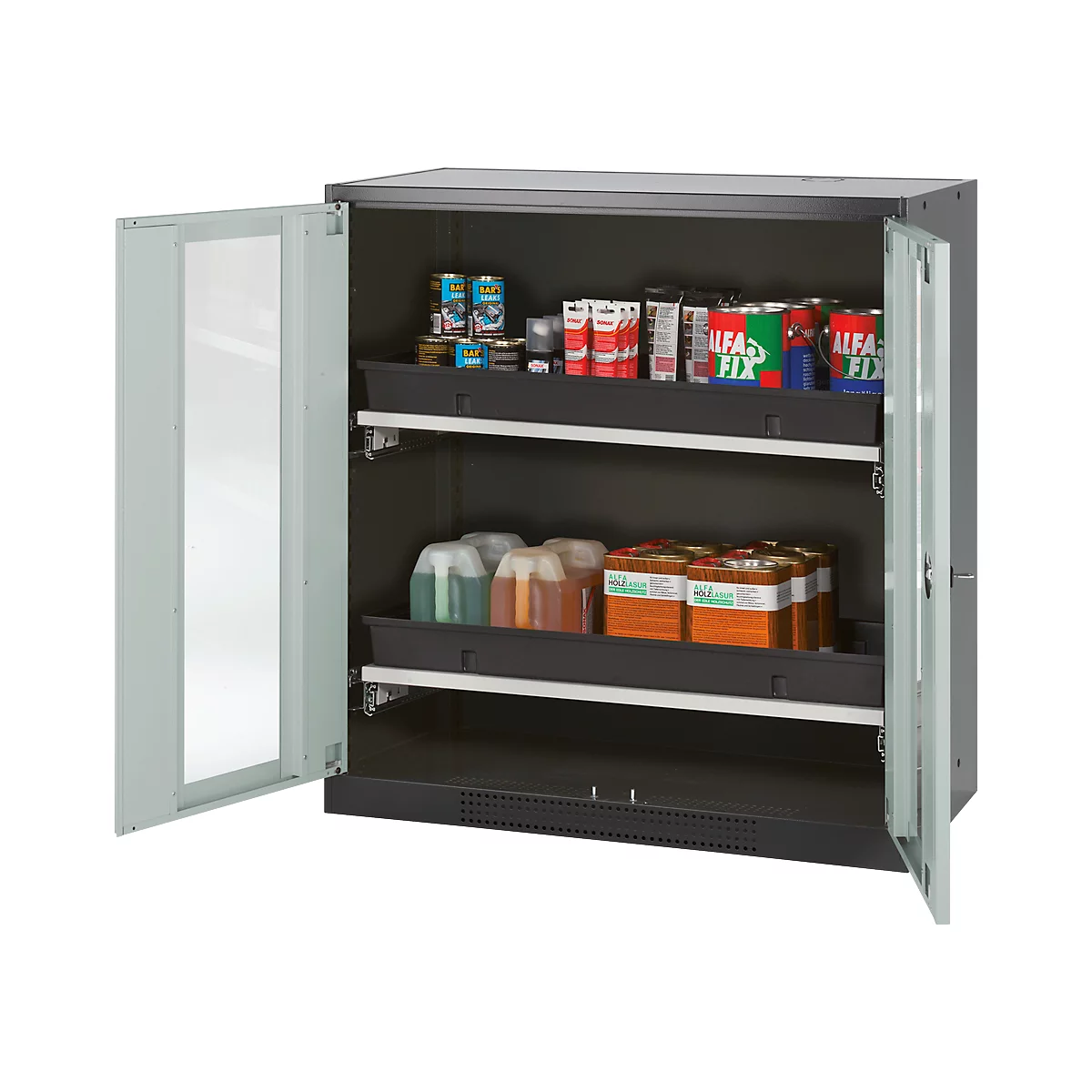 Open grey cabinet with shelves filled with cans, bottles, and boxes. Glass panes are on the inside of the doors.