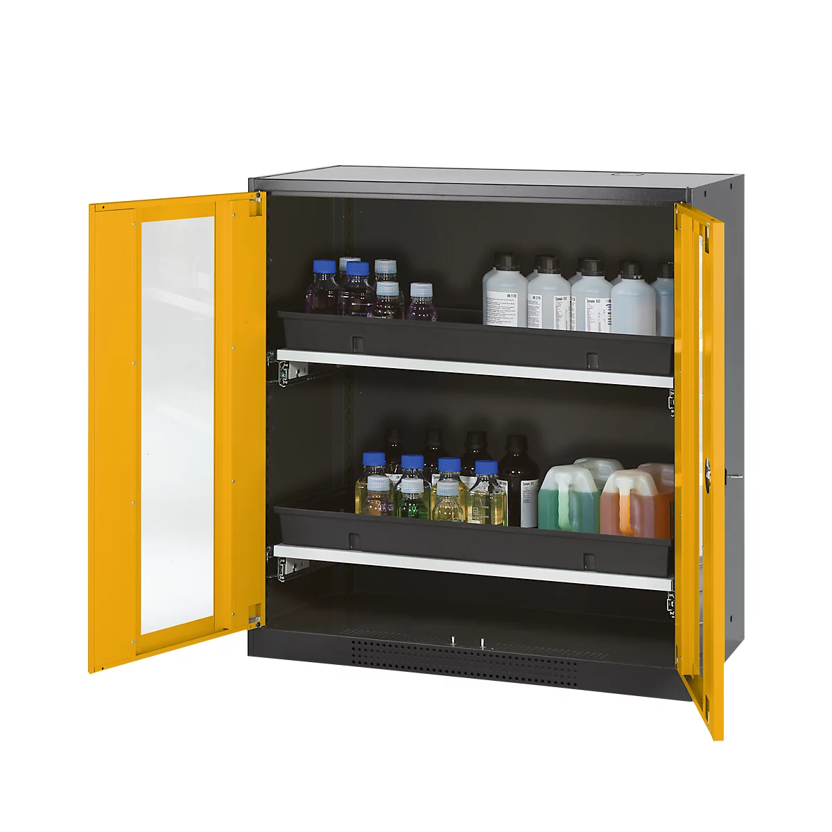 Dark cabinet with yellow doors, open. Inside two shelves with laboratory bottles.