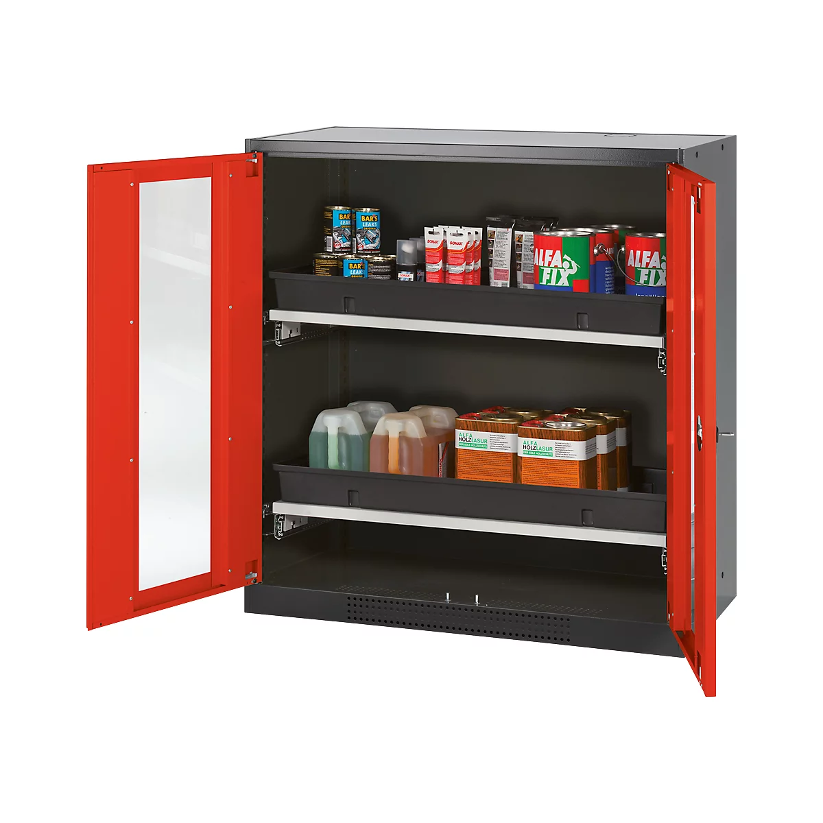 Grey steel cabinet with red doors, open. Inside, shelves with supplies, including cans with the inscription 'ALFA FIX'.