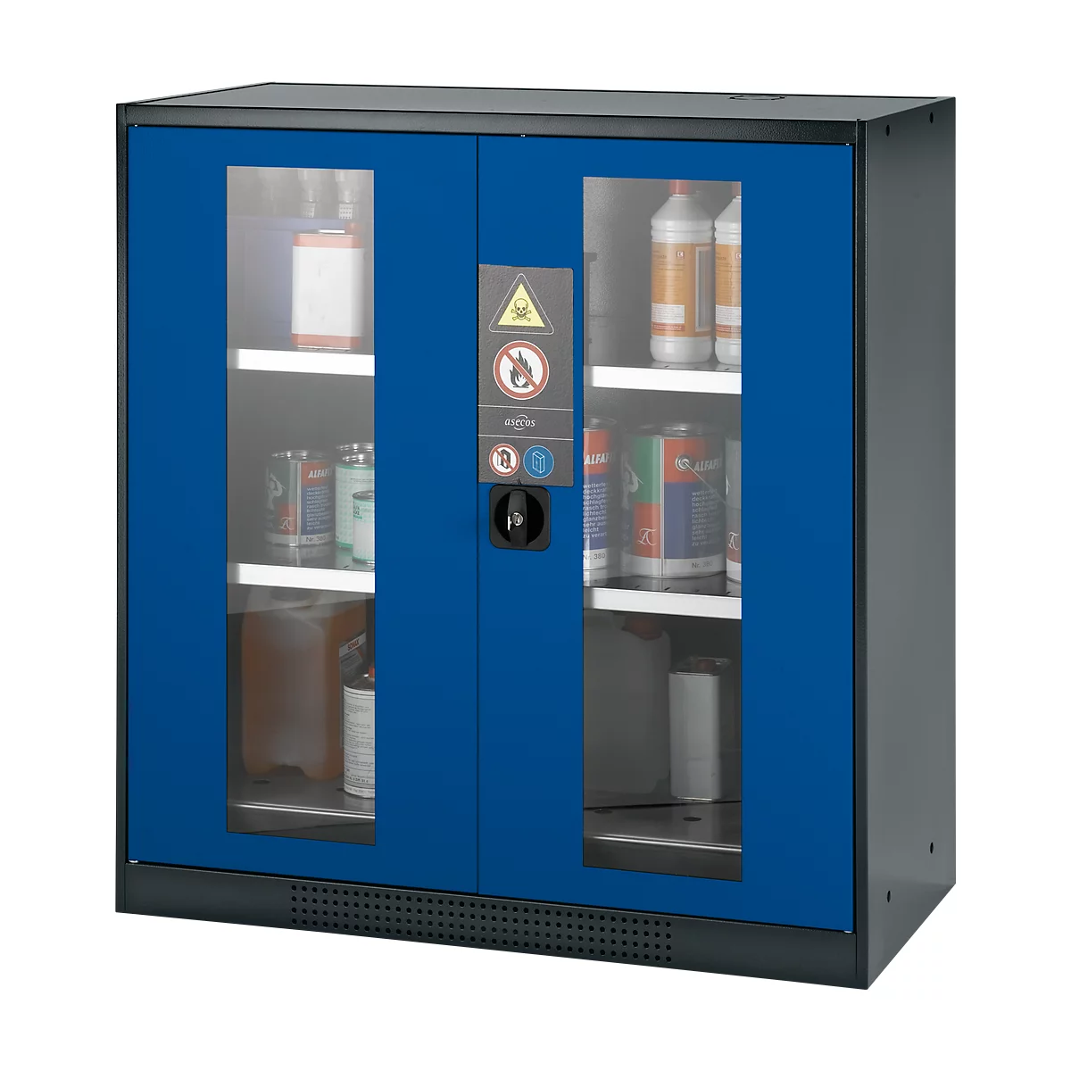 Blue safety cabinet with two glass doors. Filled with canisters and bottles. Warning notice top left, twist lock below.