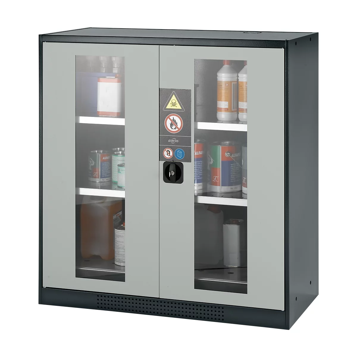 Grey safety cabinet with glass windows, filled with chemicals. Hazard symbols and black handle on the door.