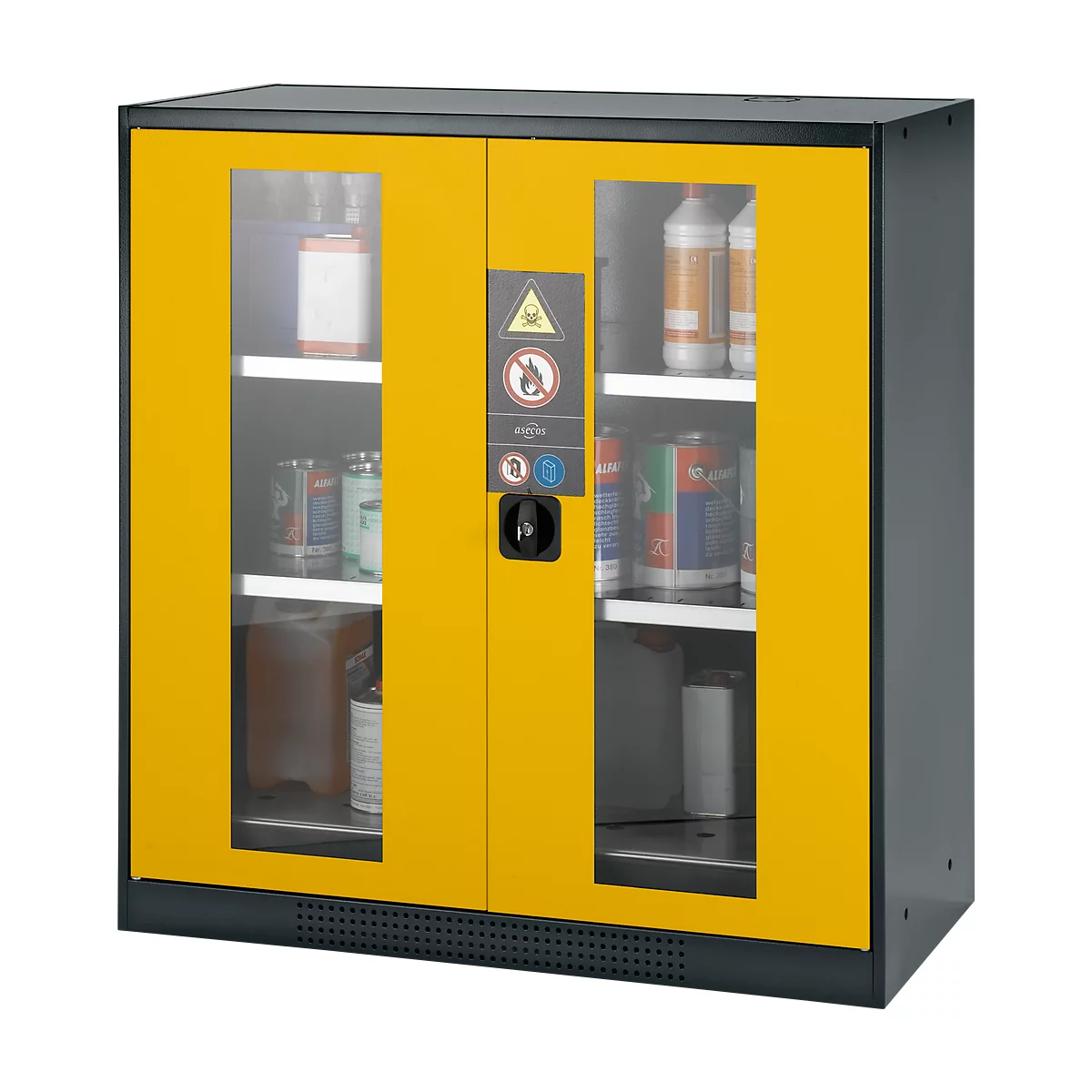 Yellow and black safety cabinet with glass panels, filled with various containers. Warning signs and a lock are visible.
