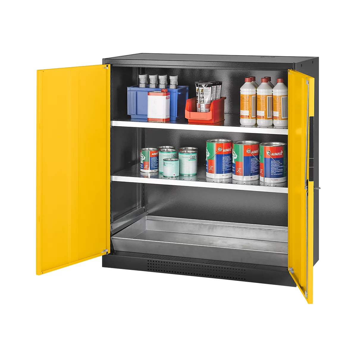 Open black cabinet with yellow doors. Inside, shelves with containers, bottles, and cans.