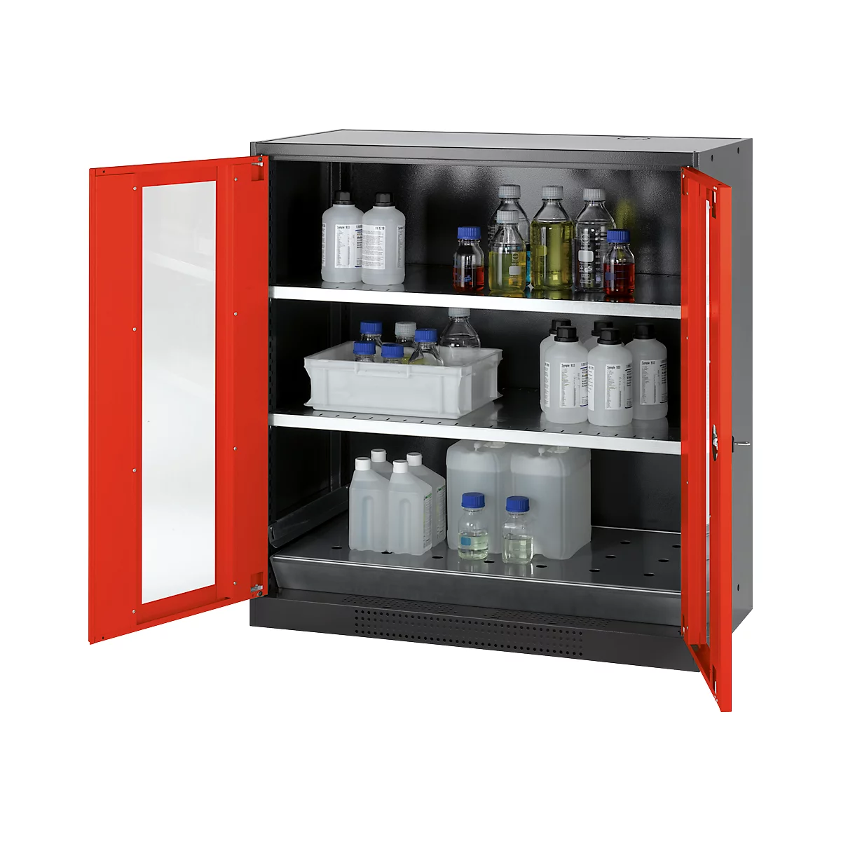 An open gray laboratory cabinet with red doors. Various chemical bottles are in the cabinet.