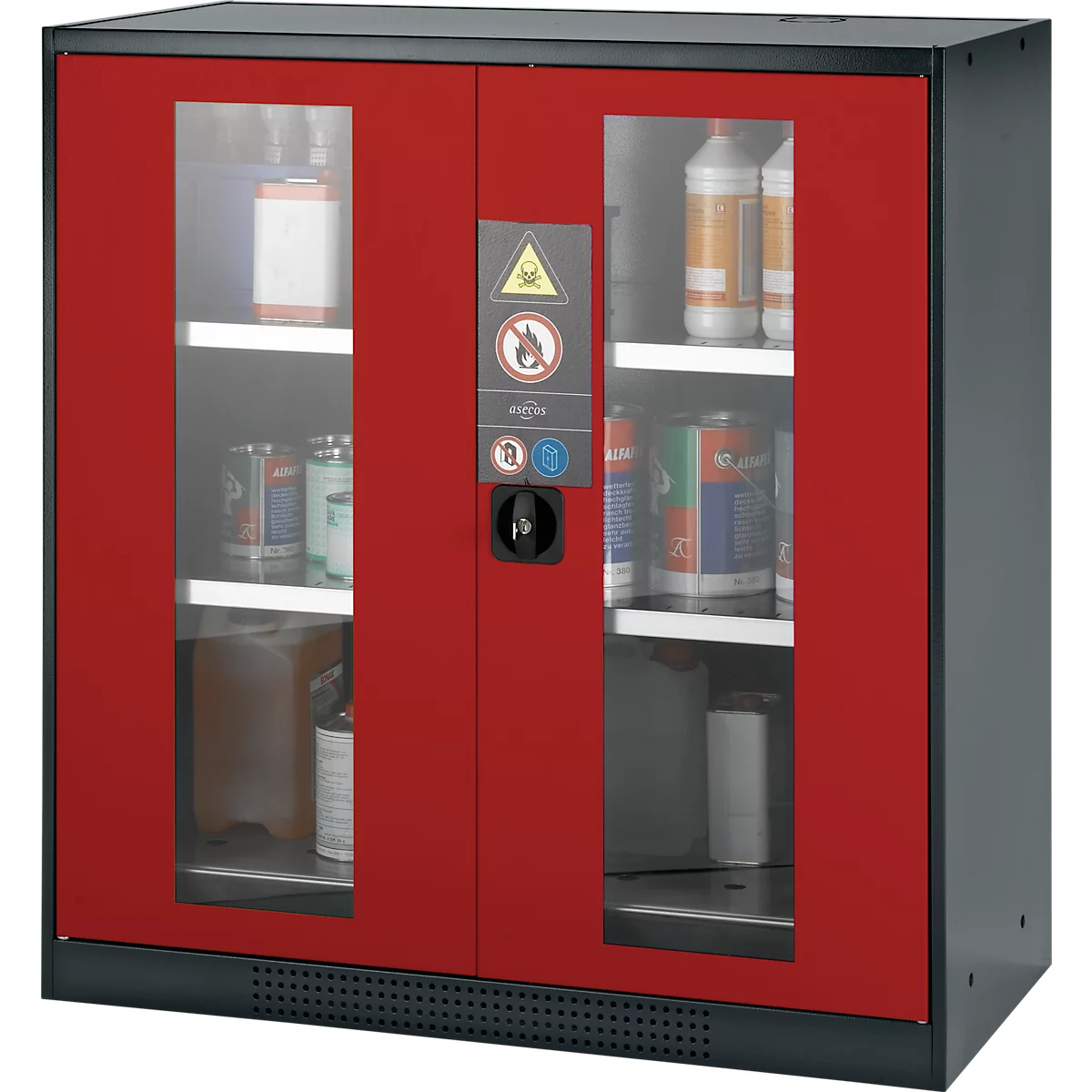 Red safety cabinet with glass windows and hazardous material labeling. Cans and canisters are visible on the shelves.