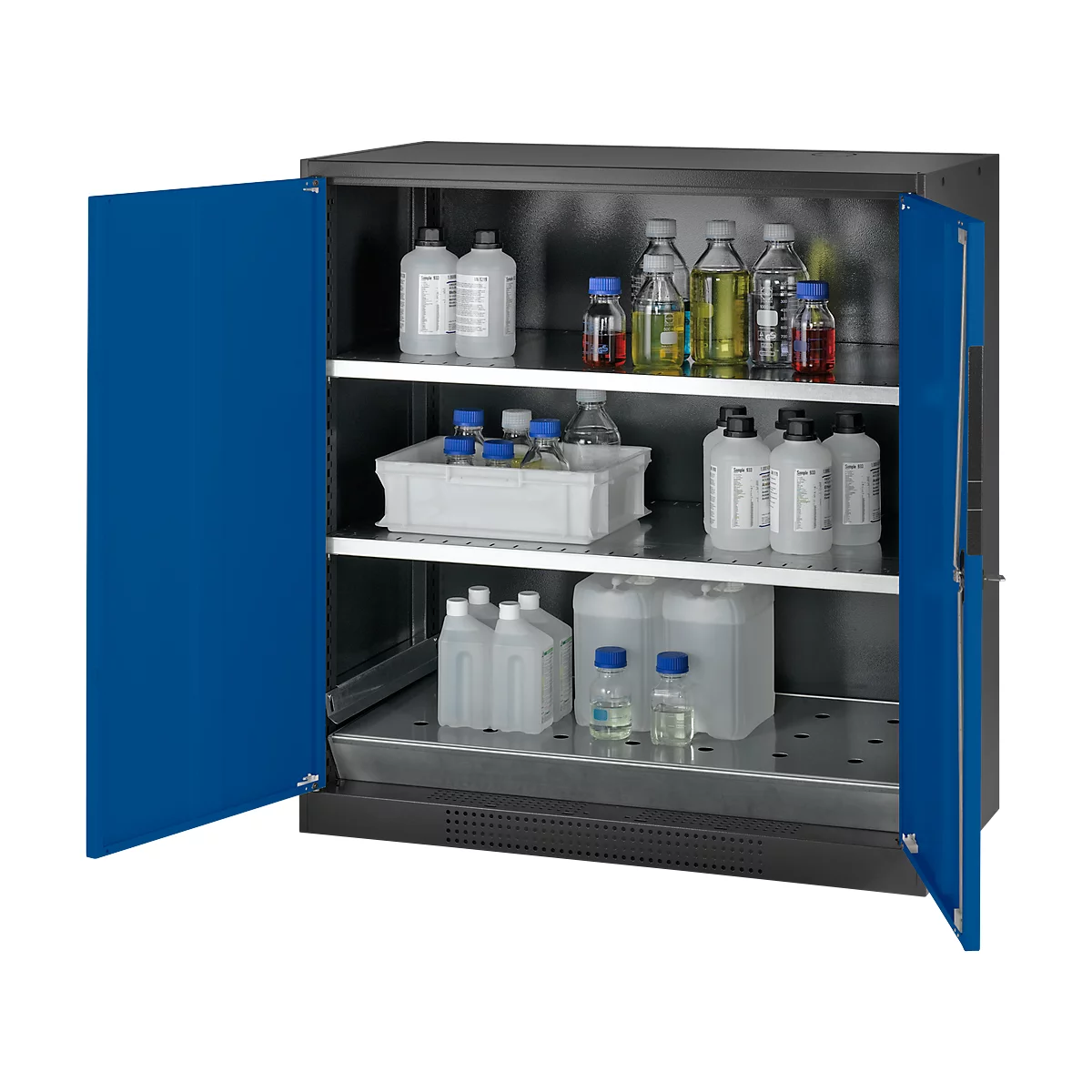 Cabinet with blue doors, filled with lab bottles and containers. Arranged on several levels.