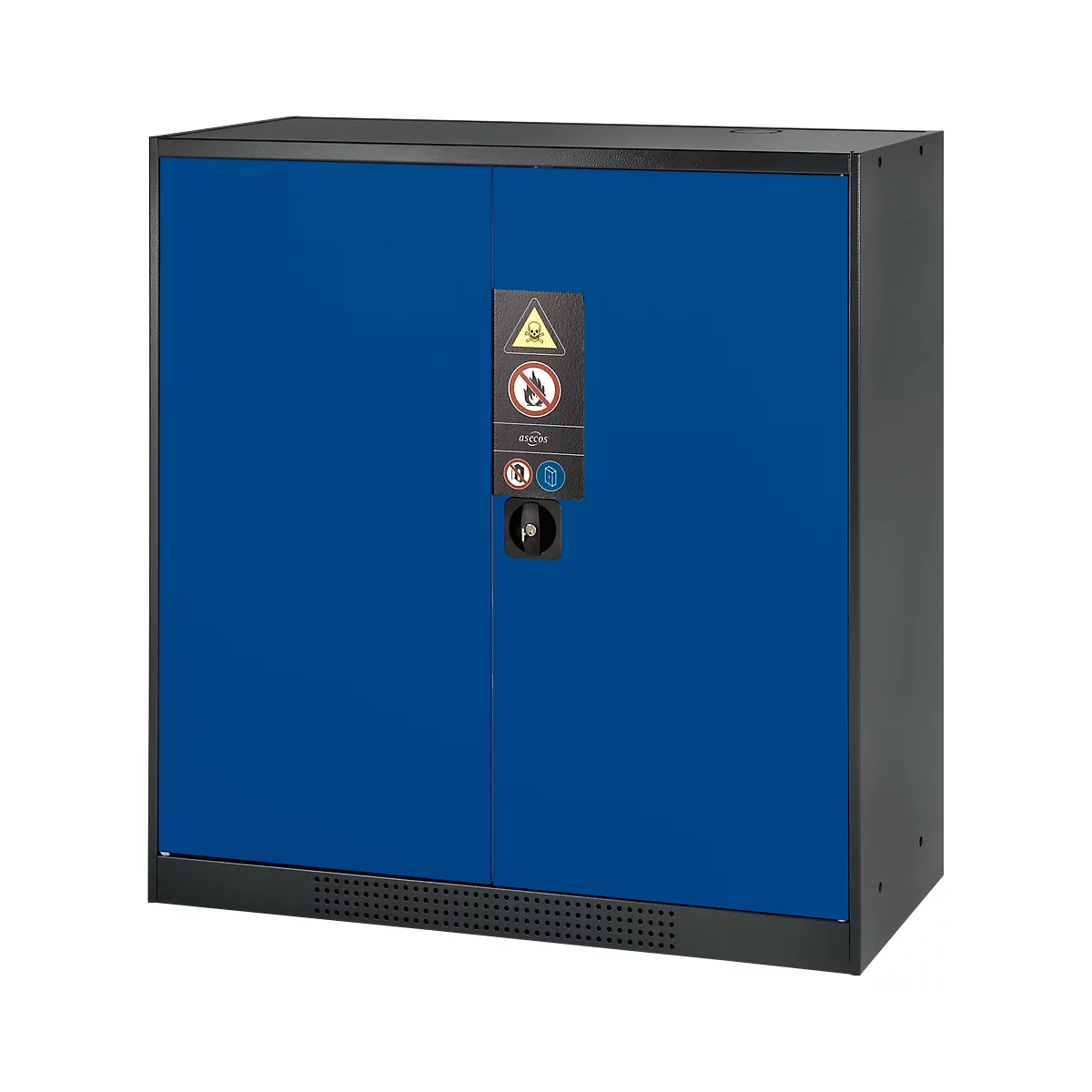 Blue steel cabinet with two doors and warning labels. Black frame, ventilation slots, and lock.