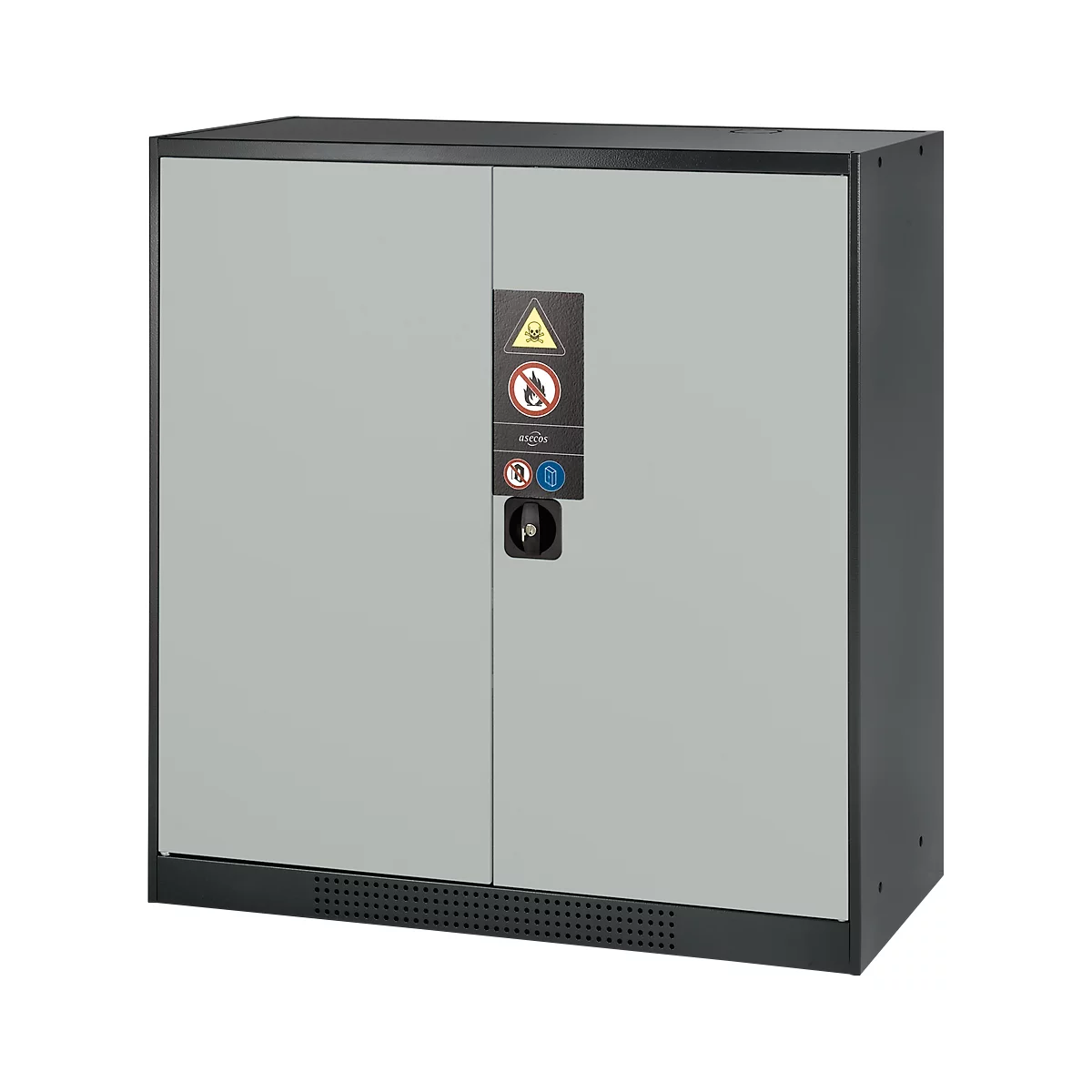 Grey steel cabinet with two doors and warning signs. Black handle, ventilation slots.