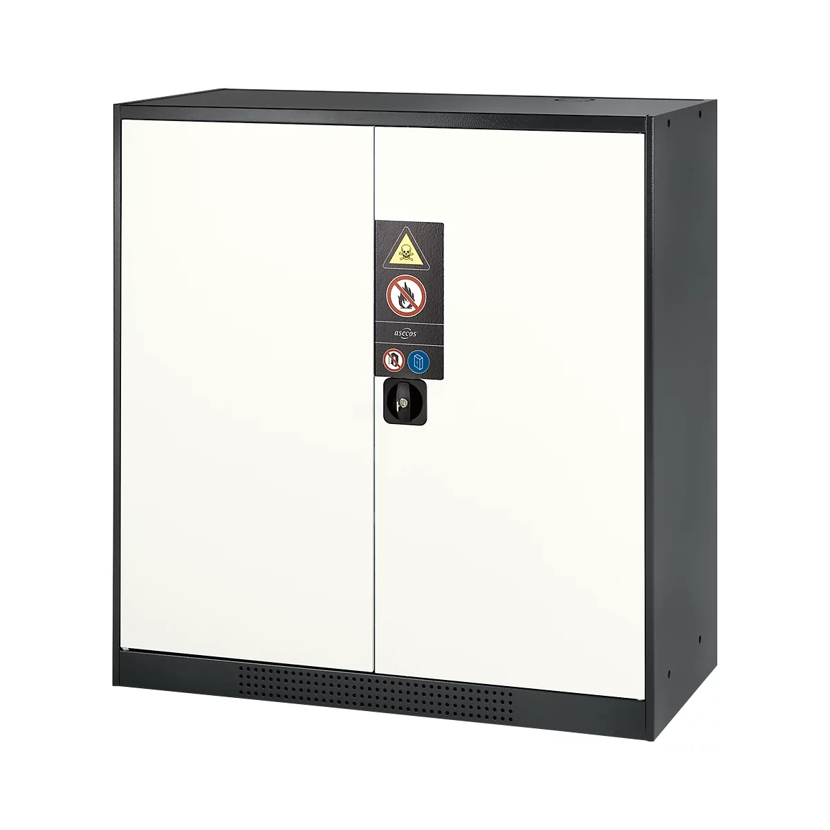 White cabinet with black frame and warning sign. Two doors, black handle, ventilation slots at the bottom.