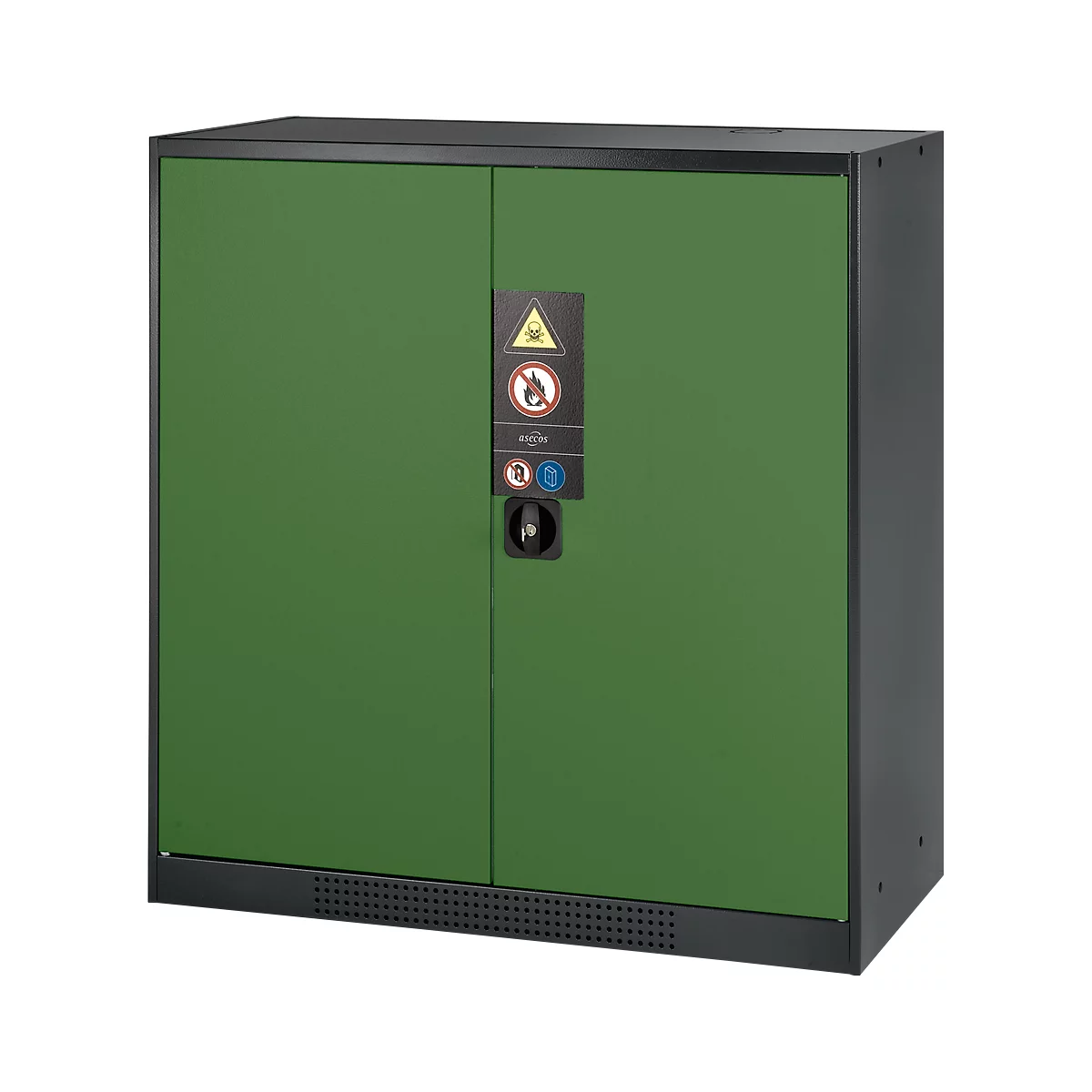 Green safety cabinet with black frame and warning signs. Door with handle and ventilation slots.