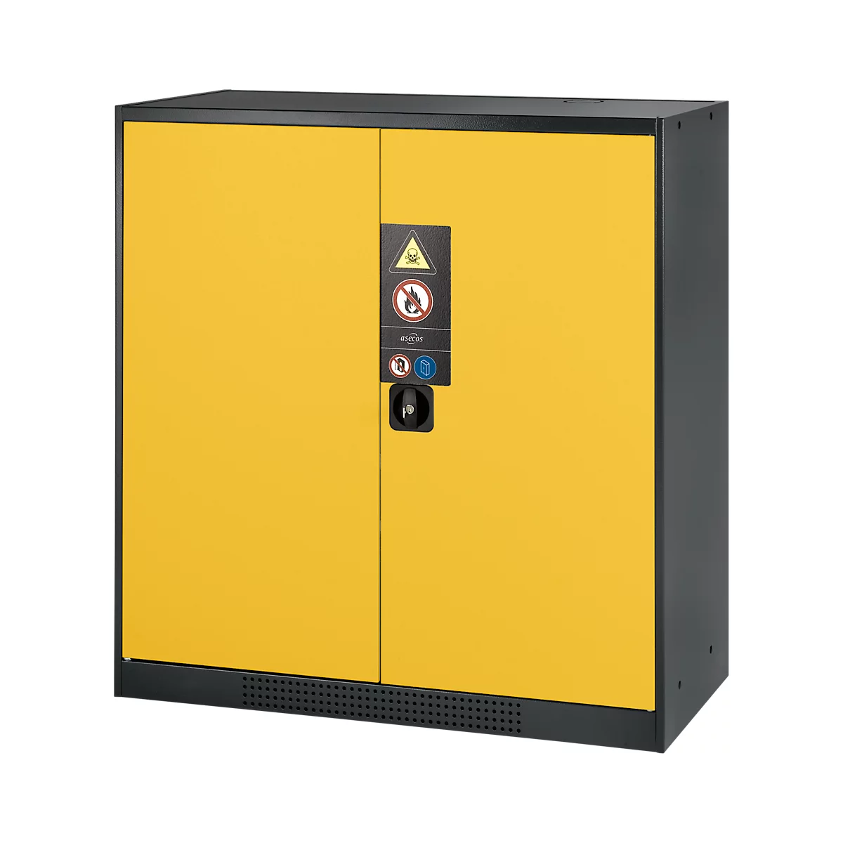 Yellow, two-door safety cabinet. Black frame, door signs with warning symbols.