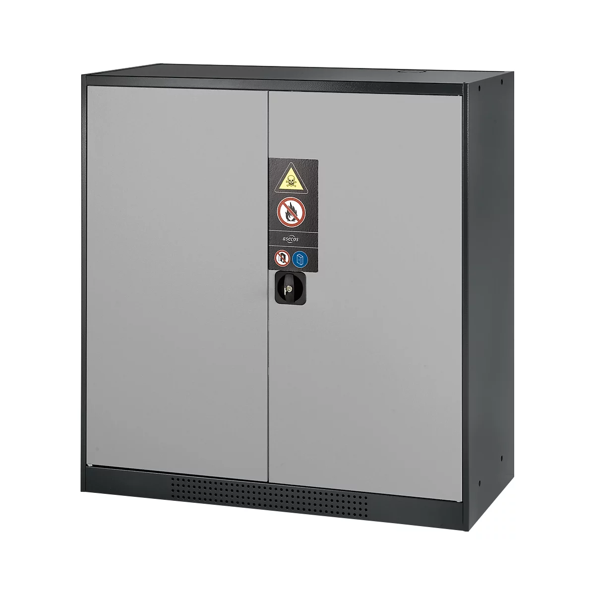 Grey steel cabinet with double doors, safety signs, and black handle.