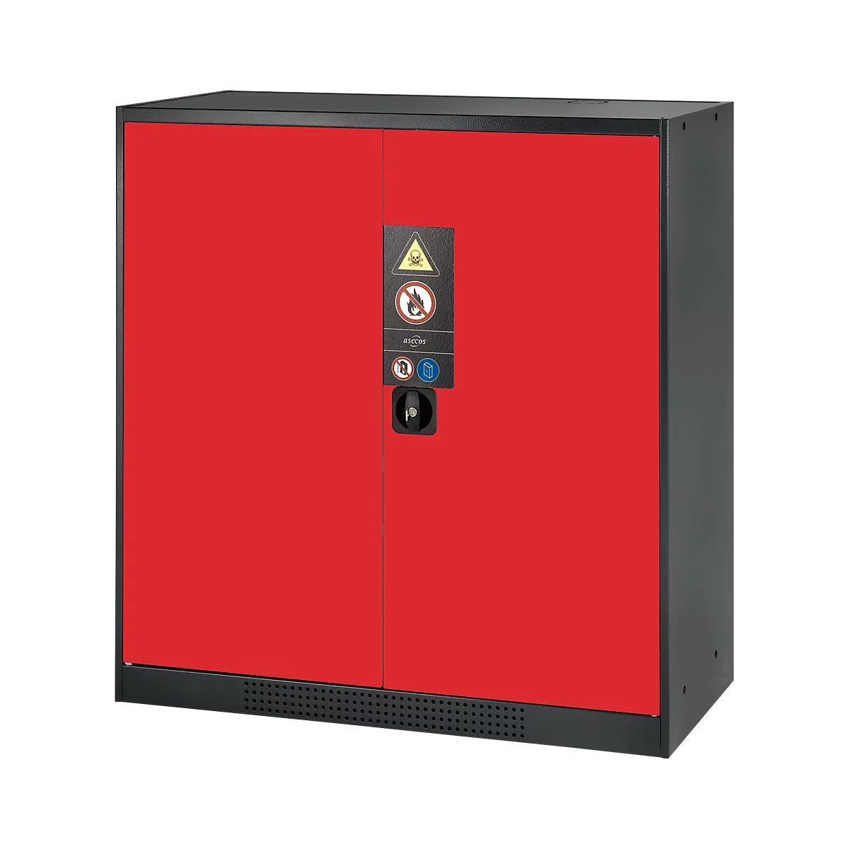 Red cabinet with black frame. Warning signs and a lock are visible on the door.