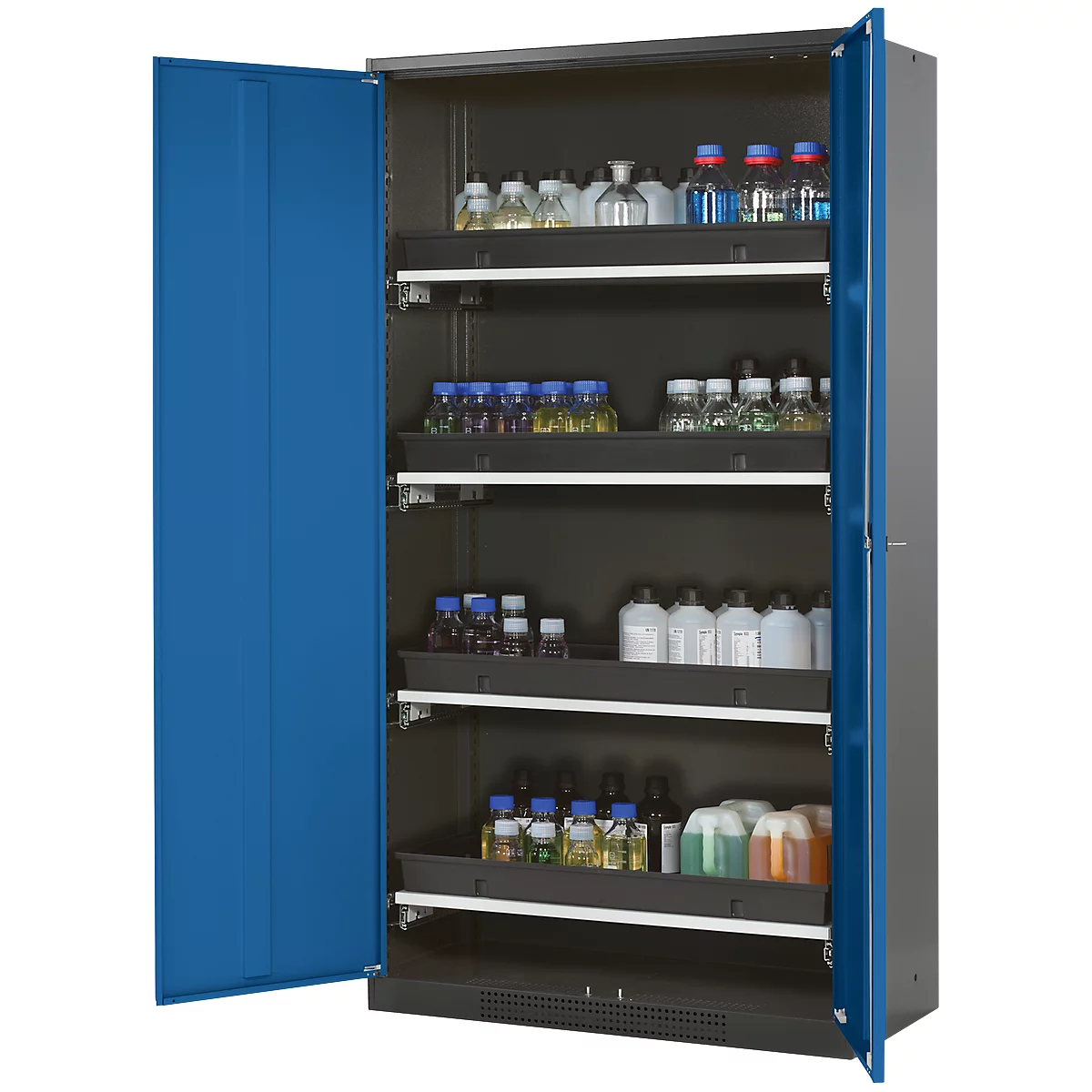 Opened blue lab cabinet, filled with glass bottles. Dark cabinet, gray sides. Shelves with liquids.