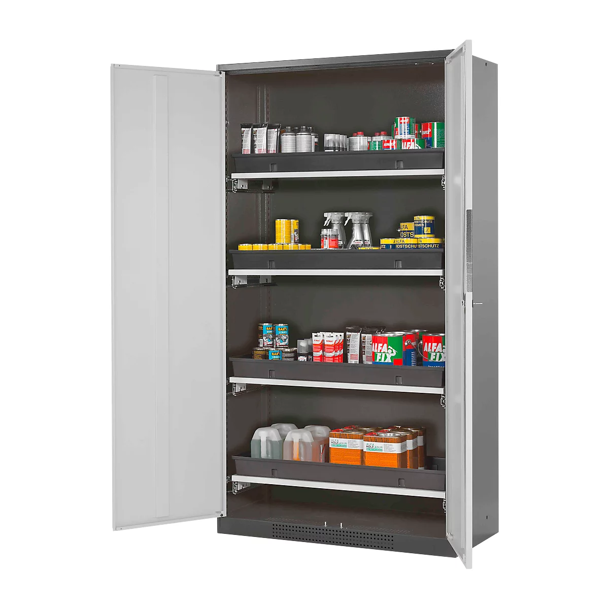 Grey cabinet with open doors, filled with supplies and utensils. Cans, bottles and boxes are on the shelves.