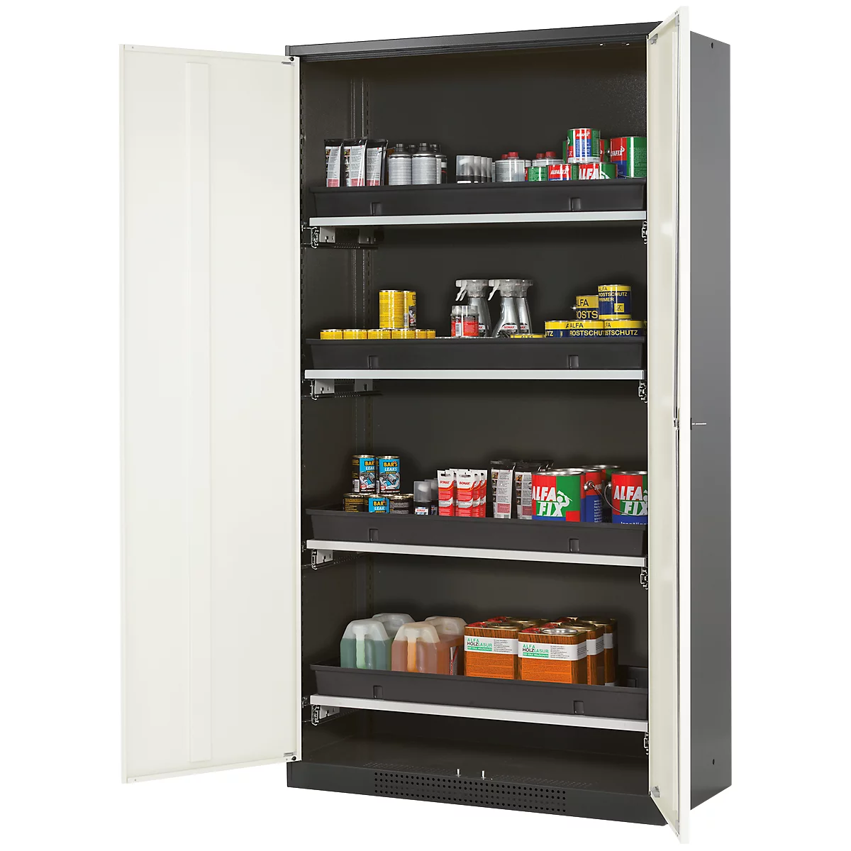 Open black cabinet with shelves filled with various cans, sprays, and bottles. The left door is open.