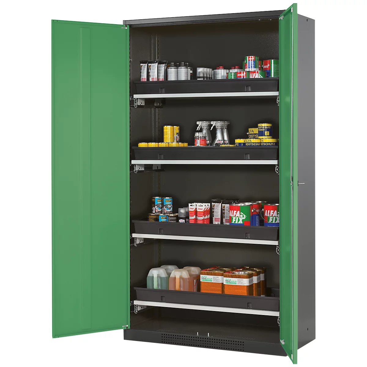 Open green cabinet filled with various goods and materials. Shelves are filled.