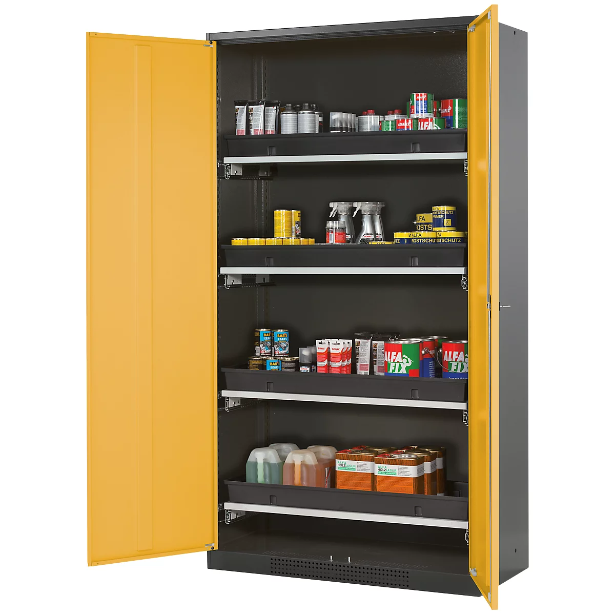 Black cabinet with yellow doors, open. Shelves are filled with various products.