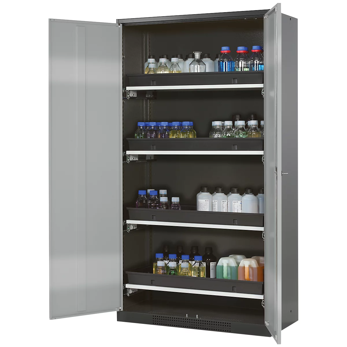 Open grey lab cabinet, filled with bottles and containers on black shelves.