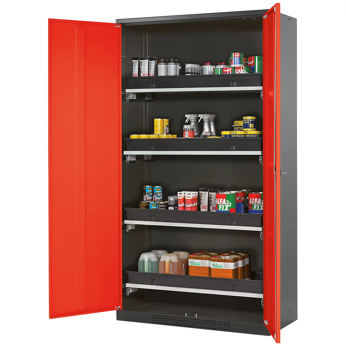 Black cabinet with red doors, open, filled with many cans and sprays.