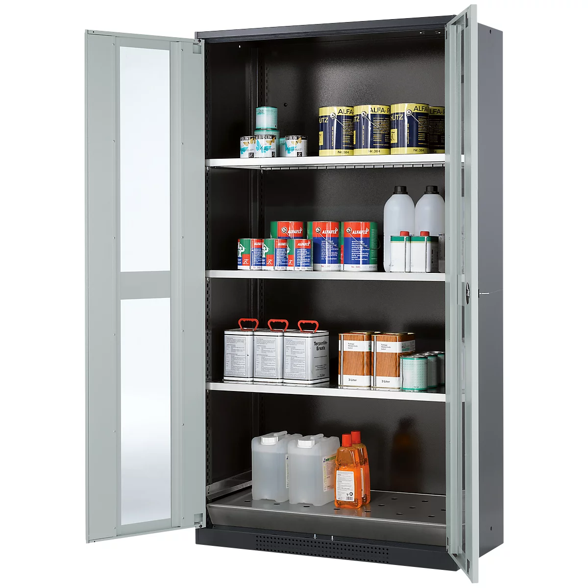 Chemicaliënkast, Vleugeldeur met glasplaat, 3 legborden, 1055x520x1950 mm, lichtgrijs